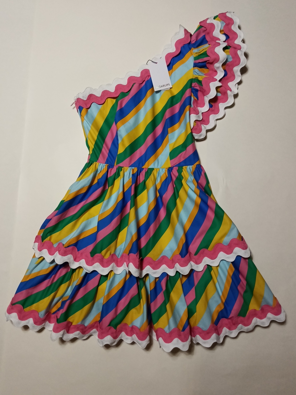 Sugarlips Rainbow Stripe One-Shoulder Tiered Rick Rack Mini Dress Size XS - Picture 3 of 12
